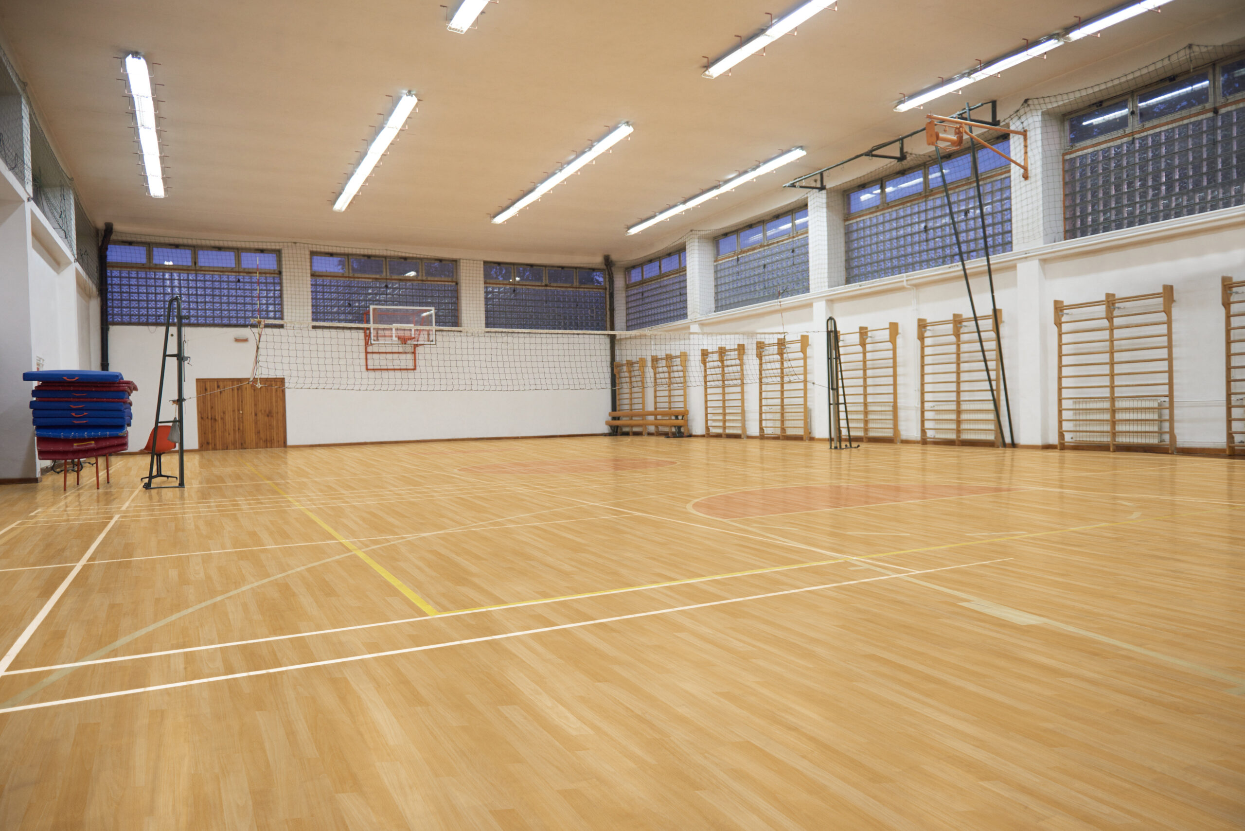 elementary school gym indoor with volleyball net